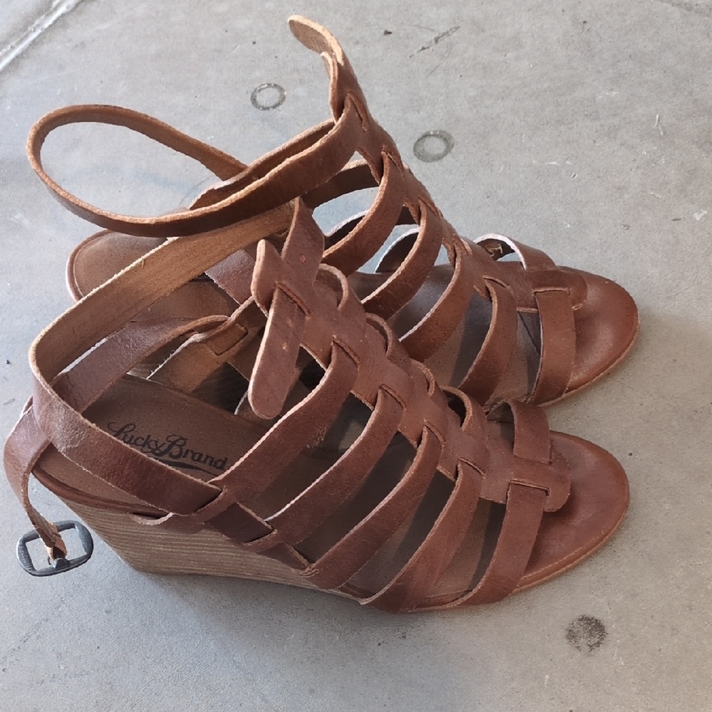 Lucky Brand Brown Leather Strappy Wedge Heels Size 8
